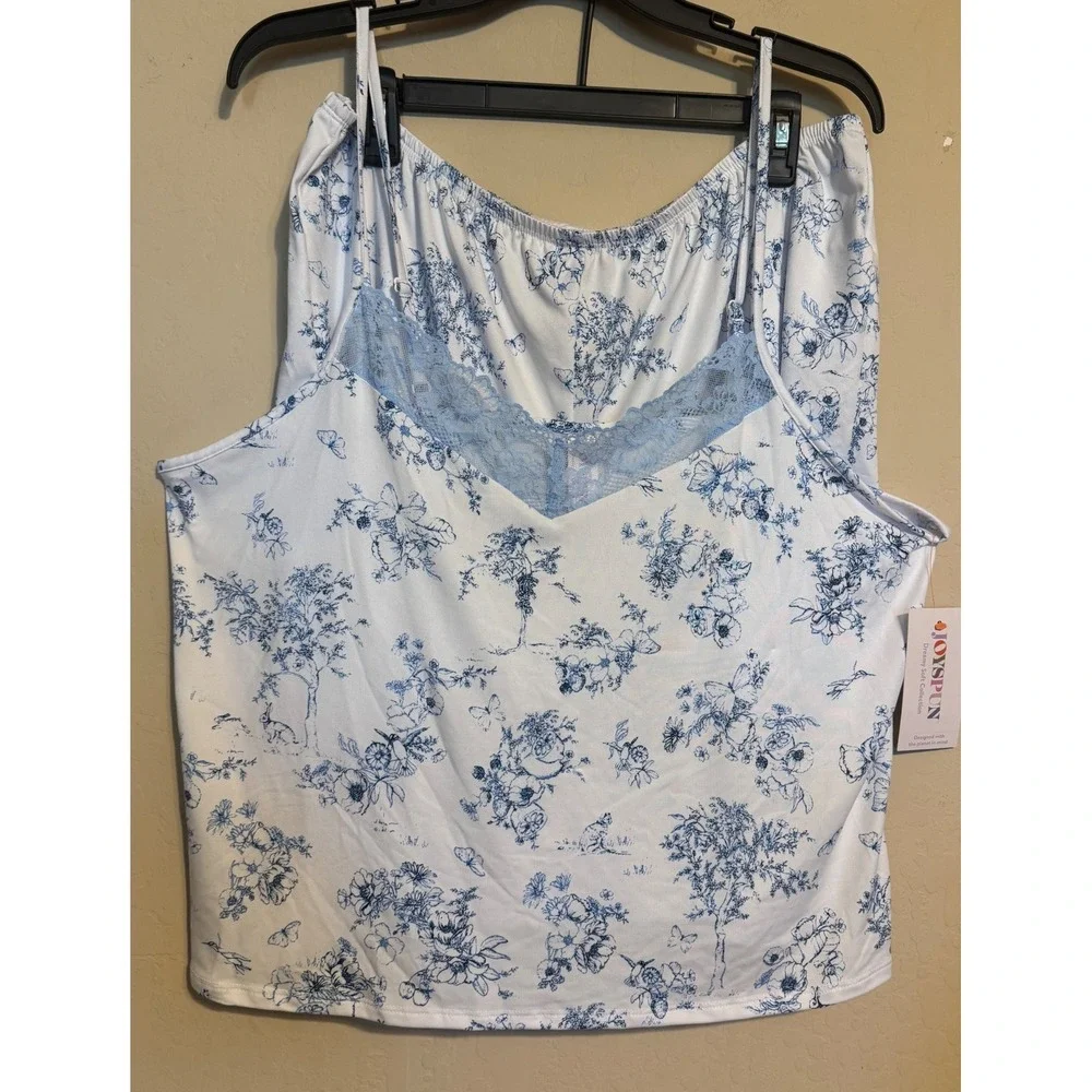 Joyspun Pajama Set Women XL White Blue Floral Lace Trim Cami Shorts NEW‎